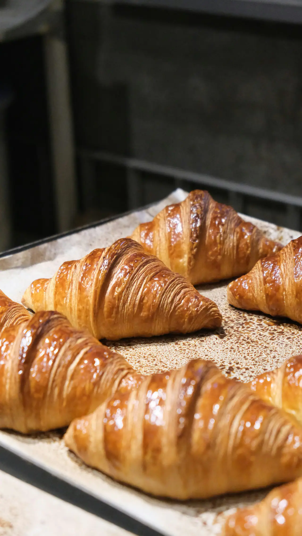 Glossy, golden butter croissants with visible laminated layers resting on a parchment-lined baking tray