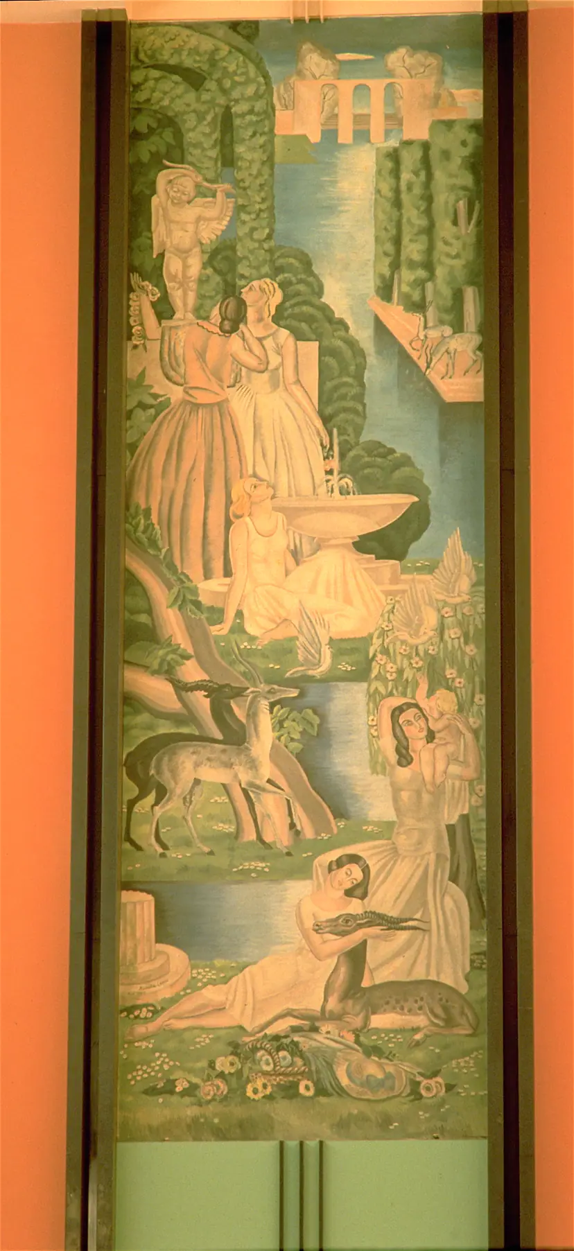 A tall Art Deco painted mural panel of women, gazelles and a fountain in a garden, framed in dark green against orange walls, in the former Eaton's ninth-floor restaurant in Montréal