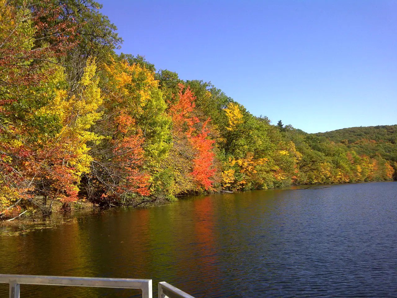 Maple and birch trees in red, orange and yellow foliage along a calm lake in Parc national du Mont-Saint-Bruno in October
