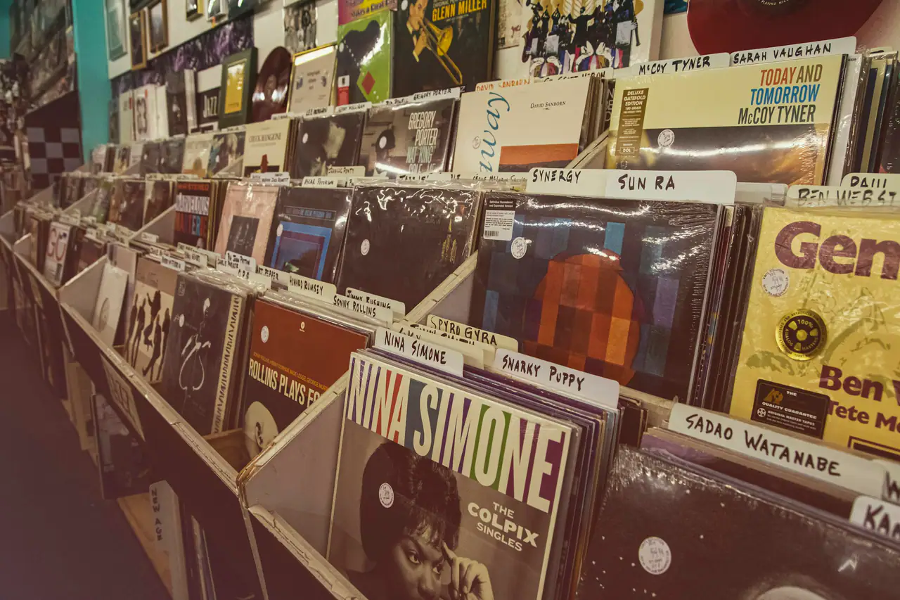 Rows of used jazz and soul vinyl albums in wooden record-store bins, with handwritten divider tabs for artists such as Sun Ra and Nina Simone