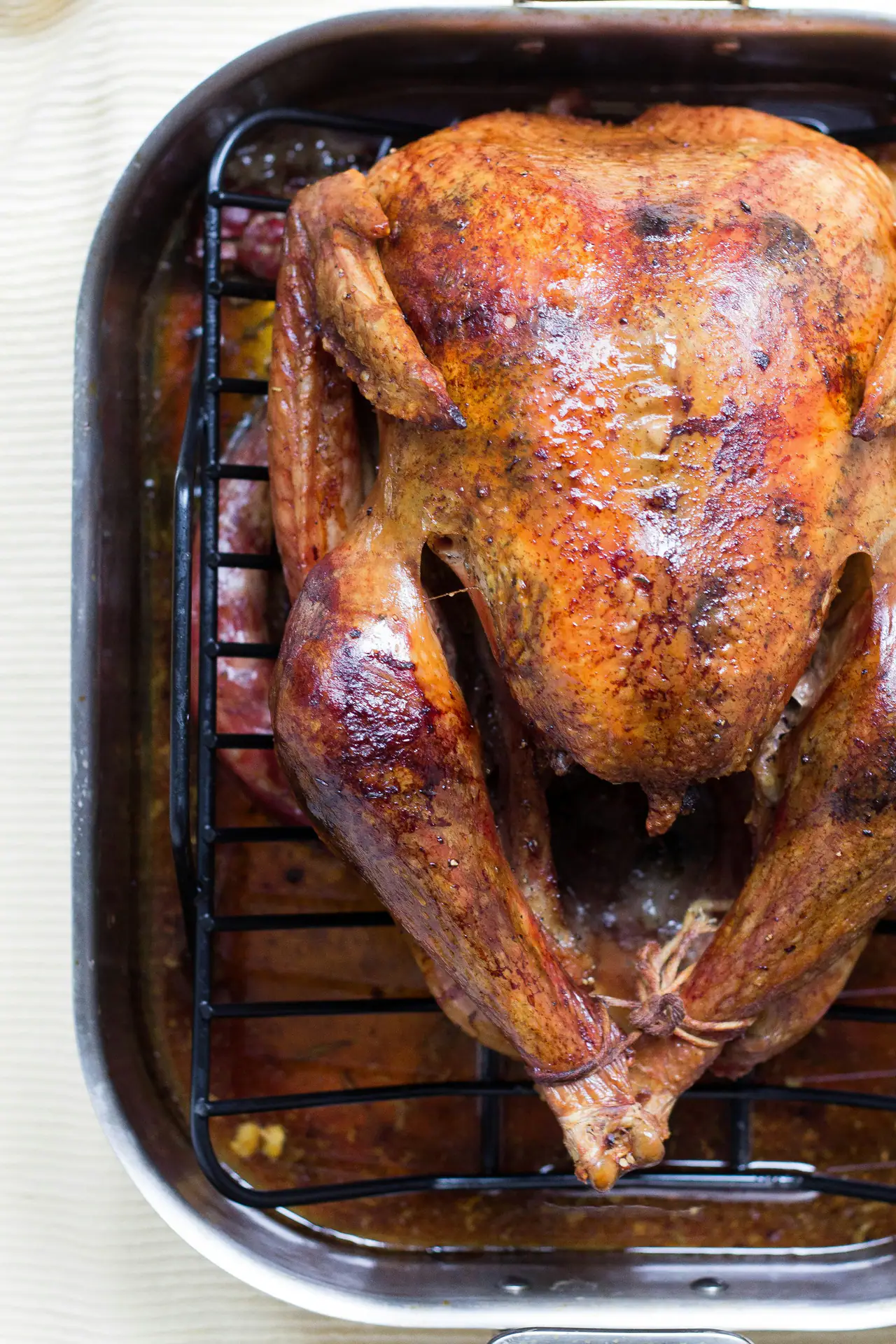 A whole roasted bird with crisp, golden-brown skin on a rack in a roasting pan, seen from above